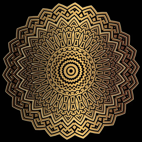 ゴールド3D幾何学ギリシャベクトルラウンドマンダラパターン。装飾的なテクスチャ抽象的な現代的背景。表面の質感。古代ギリシャのキーは豪華な装飾を意味します。金属の黄金の花。ジグザグデザイン — ストックベクタ