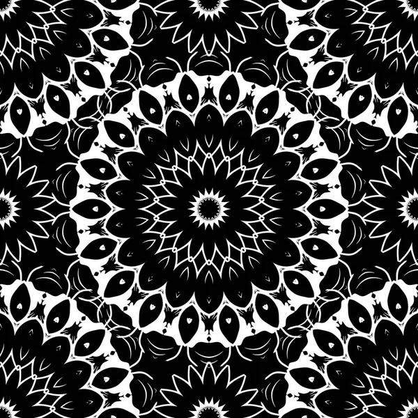 Tiled floral mandalas vector seamless pattern. Black and white ornamental deco background. Decorative monochrome repeat backdrop. Ethnic style round mandalas ornaments. Line art flowers, circles — Stock Vector