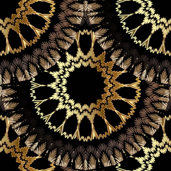 花の質感のゴールドマンダラベクトルシームレスなパターンをタイル。タペストリー・デコの背景。装飾的な刺繍は背景を繰り返します。民族スタイルのラウンド刺繍マンダラ装飾。タペストリーの花 — ストックベクタ