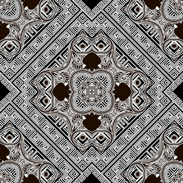 Černobílá čára umění geometrický vektor bezešvé vzor. Abstraktní květinové pozadí. Řecké opakování pozadí. Řecký klíč meandry ornament s paisley květy, listy, tvary. Symetrický design — Stockový vektor