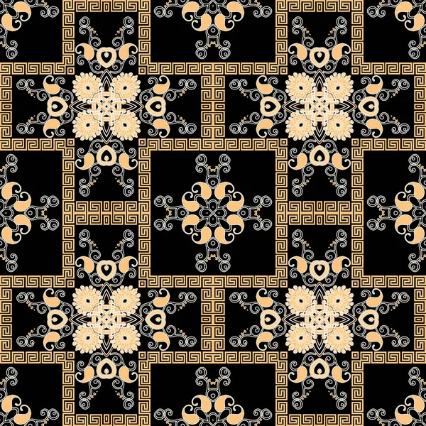 フローラルペイズリーベクトルシームレスパターン。抽象幾何学的背景。ギリシャの繰り返しの背景。ギリシャ語のキーは、ペイズリーの花、葉、形、正方形のフレームで装飾を意味します。対称的なデザイン — ストックベクタ