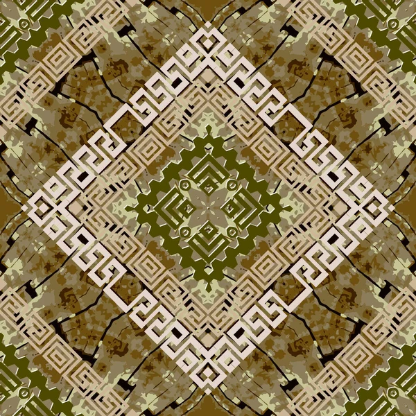 Grego grunge vetor sem costura padrão. Ornamental estilo étnico tribal geométrico fundo áspero. Fundo sujo abstrato colorido. Geométrica ornamentado moderno grego chave meandro ornamento. Design bonito — Vetor de Stock