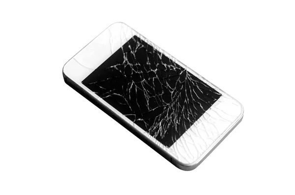 Smartphone móvil moderno con pantalla rota aislada en blanco ba —  Fotos de Stock