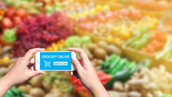 Ekranda online alışveriş bakkal ile akıllı telefon tutan el 