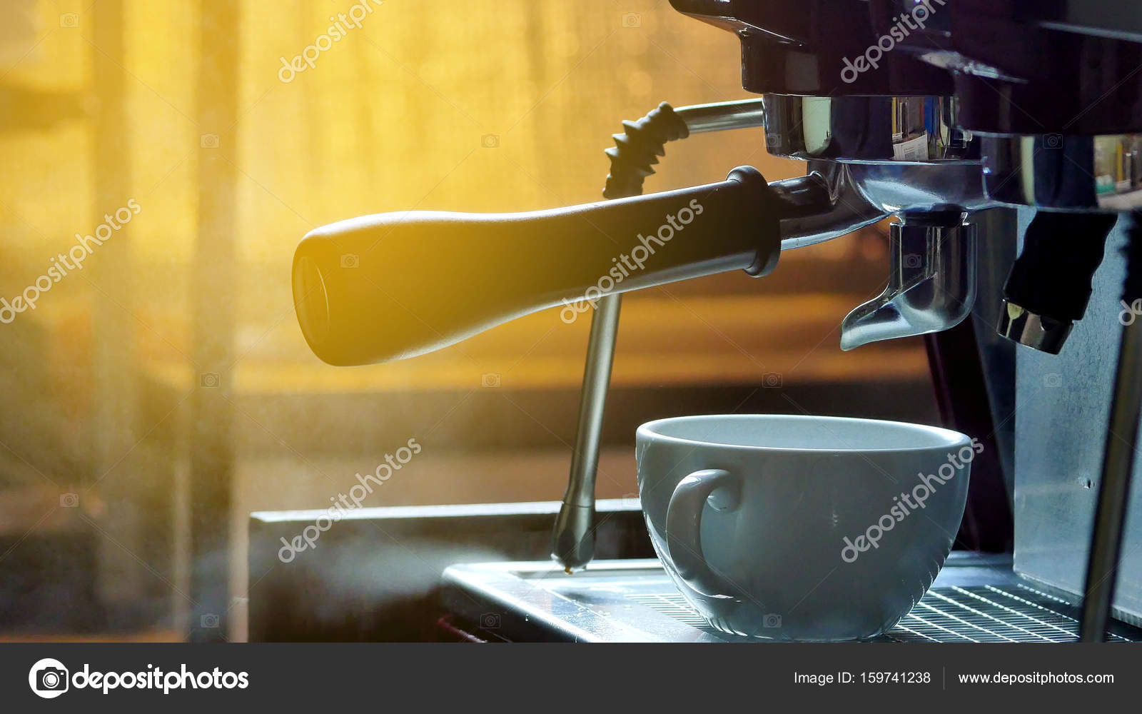 Making Coffee In The Machine Morning Atmospheric Lightin Stock Photo Making Coffee In The Machine Morning Atmospheric Lightin Stock Photo