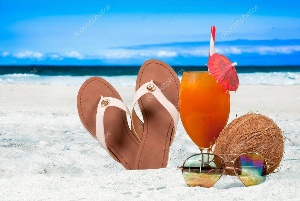 Summer vacation on the seaside beach. Tropical cocktail