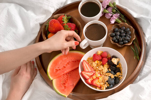 Healthy breakfast and coffee in the bed. 