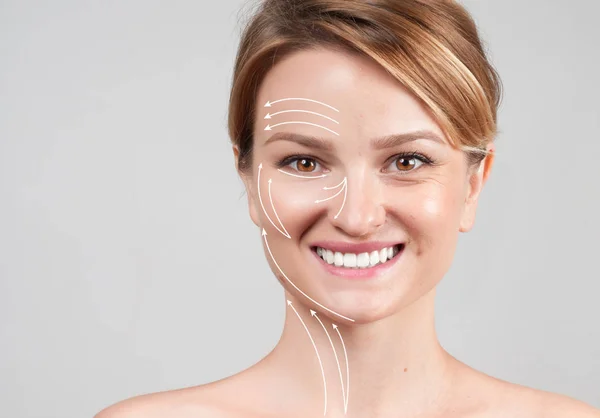 Woman with massage lines. Skin Care. Face lift anti-aging treatment — Stock Photo, Image