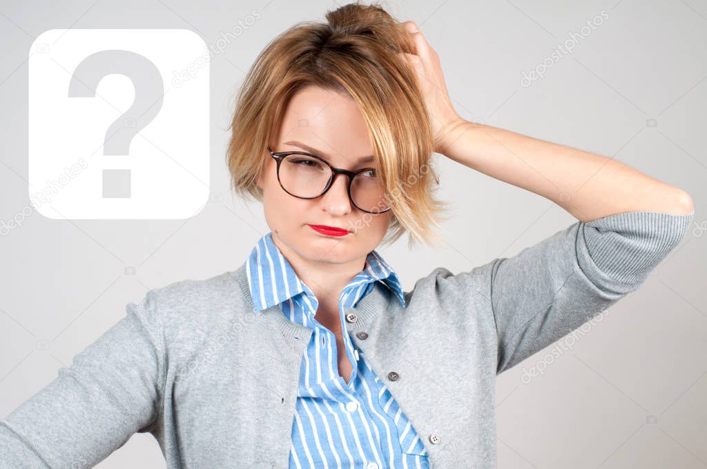 Thinking women with question mark on white background