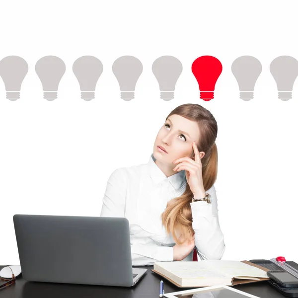 Woman has an idea. Decision making process concept. Light bulbs Stock Photo