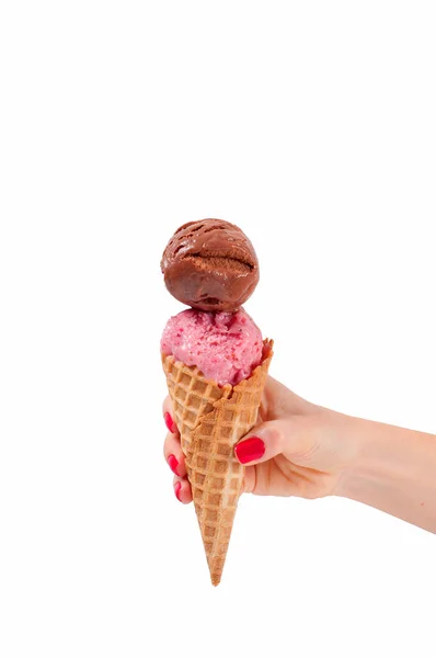 Chocolate and strawberry ice cream cone on white background. — Stock Photo, Image