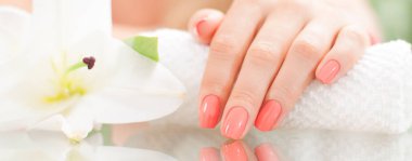 Manikür kavramı. Güzel kadın eli ile mükemmel manikür Güzellik Salonu.