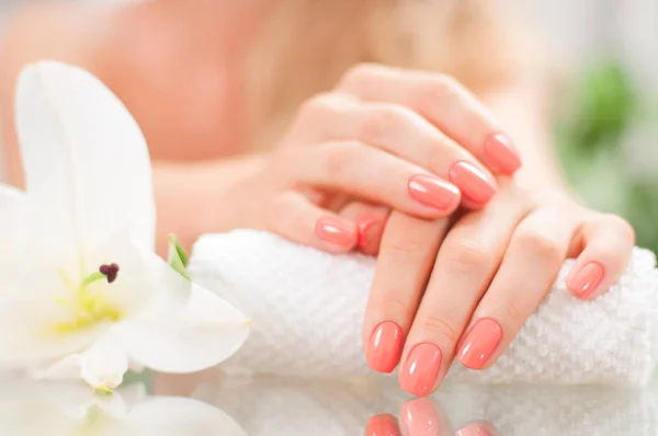 Pojęcie manicure. Piękna kobieta ręce z Idealny manicure w salonie kosmetycznym. — Zdjęcie stockowe