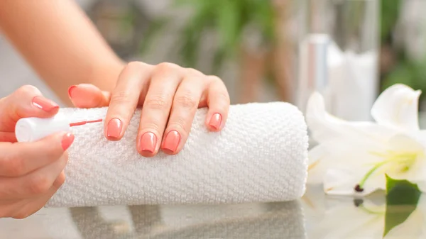 Conceito de manicure. Mãos de mulher bonita com manicura perfeita no salão de beleza . — Fotografia de Stock