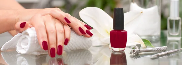 Manicure concept. Mooie vrouw handen met perfecte manicure bij beauty salon. — Stockfoto