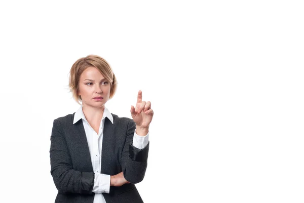 Femeie de afaceri în fața ecranului tactil vizual . — Fotografie, imagine de stoc