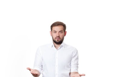 Yakışıklı iş adam tutun açık avuç içi