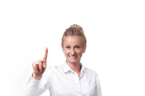 Mujer de negocios presionando el botón visual — Foto de Stock