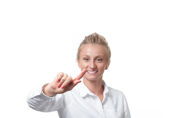 Geschäftsfrau drückt auf optischen Knopf — Stockfoto