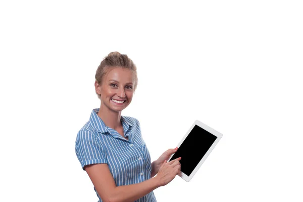 Business woman using digital tablet computer on white background. — Stock Photo, Image