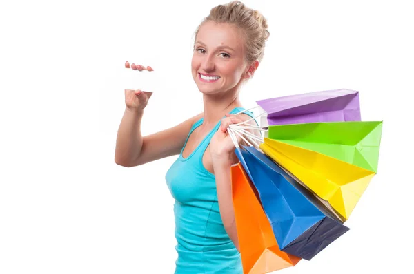 Sonríe hermosa mujer feliz sosteniendo bolsas de compras —  Fotos de Stock