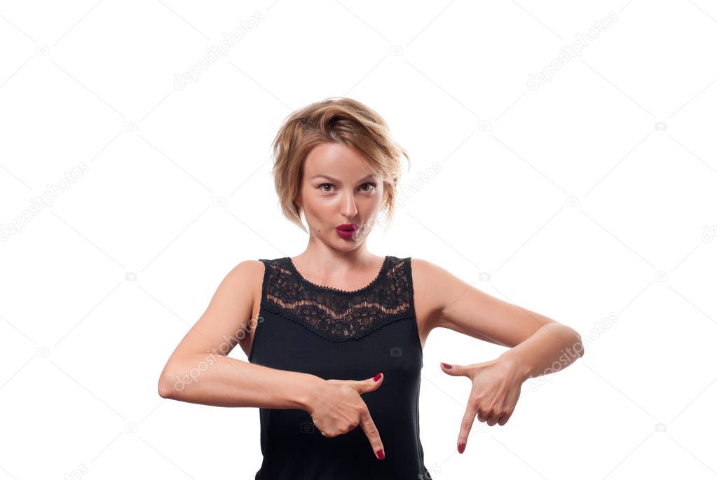 Woman is pointing at a subscription button down 