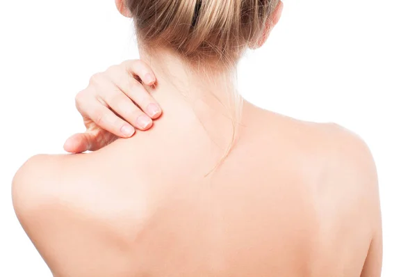 La mujer tiene dolor de cuello. Desnuda hombros chica de la espalda . — Foto de Stock
