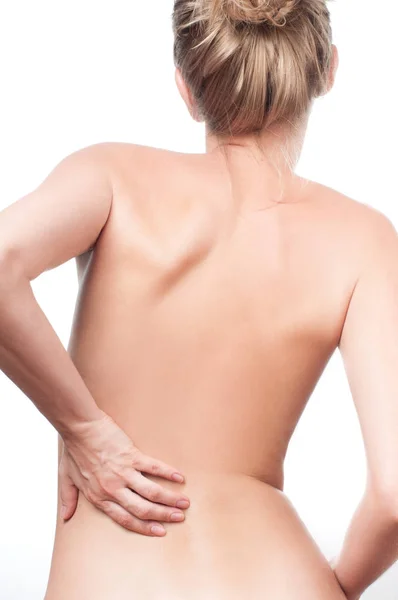Mujer de espalda, dolor de espalda, concepto de dolor — Foto de Stock