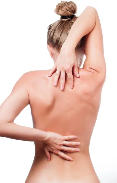 Kvinna från baksidan, ryggvärk, smärta koncept — Stockfoto