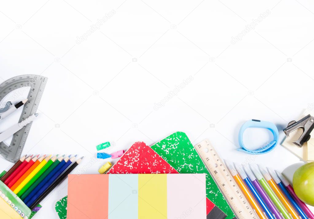 School supplies on white background.