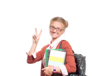 Mutlu genç öğrenci kız kitap tutan. Okula dönüş