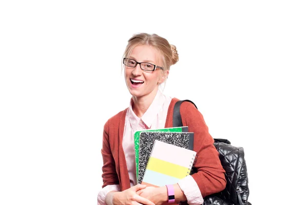 Gelukkig jonge student meisje houdt van boeken. Terug naar school — Stockfoto