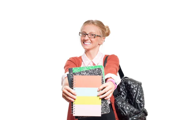 Χαρούμενος νεαρός φοιτητής κορίτσι κρατώντας βιβλία. Επιστροφή στο σχολείο — Φωτογραφία Αρχείου