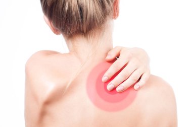 Kadın neckache acı. Ağrı omuz.