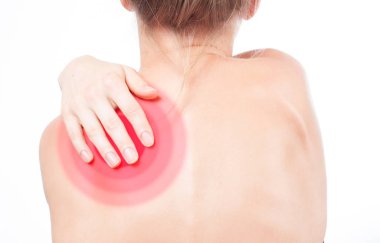 Kadın neckache acı. Ağrı omuz.