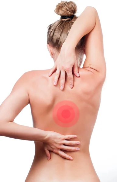 女人患背痛。疼痛的概念 — 图库照片