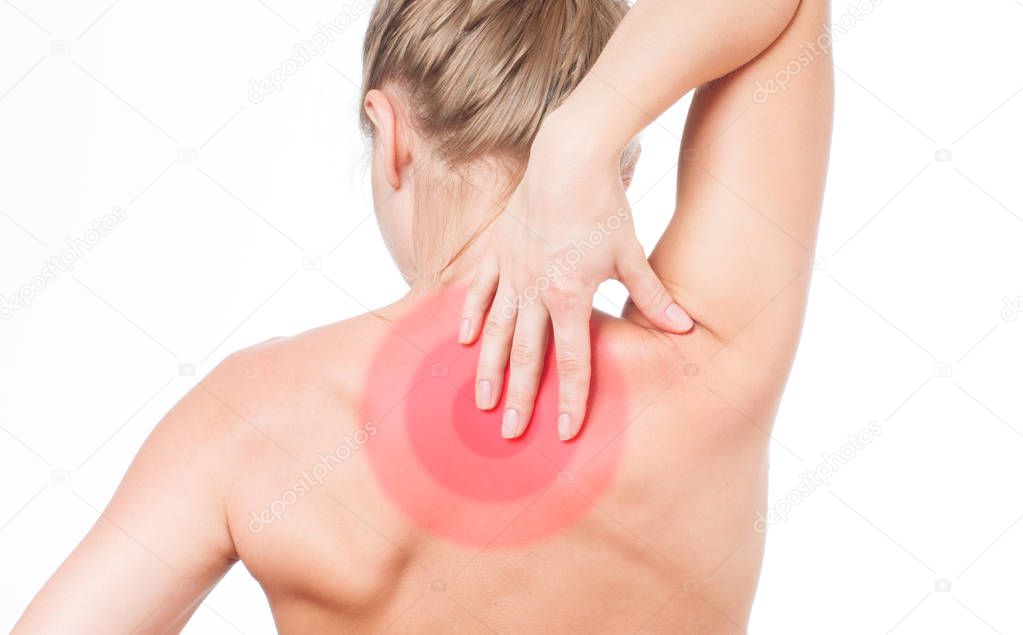 Woman suffering from neckache. Pain shoulders.