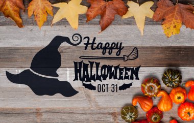 Kabaklar ve sonbahar yaprakları üzerinde ahşap arka plan. Cadılar Bayramı. Sonbahar konsepti