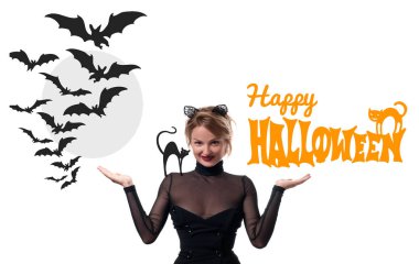 Cadılar Bayramı kavramı. Kadın karnaval kedi kulakları ile 