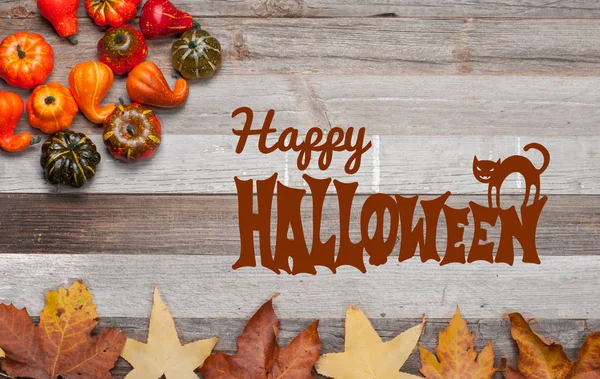 Kürbisse und Herbstblätter auf hölzernem Hintergrund. Halloween. Herbstkonzept — Stockfoto