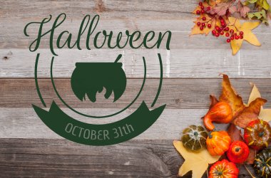 Kabaklar ve sonbahar yaprakları üzerinde ahşap arka plan. Cadılar Bayramı. Sonbahar konsepti