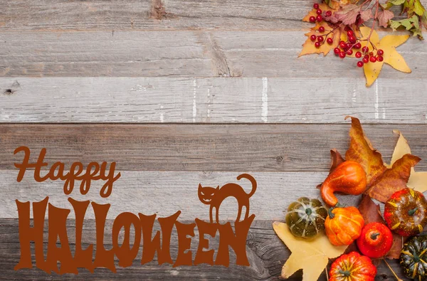 Kabaklar ve sonbahar yaprakları üzerinde ahşap arka plan. Cadılar Bayramı. Sonbahar konsepti