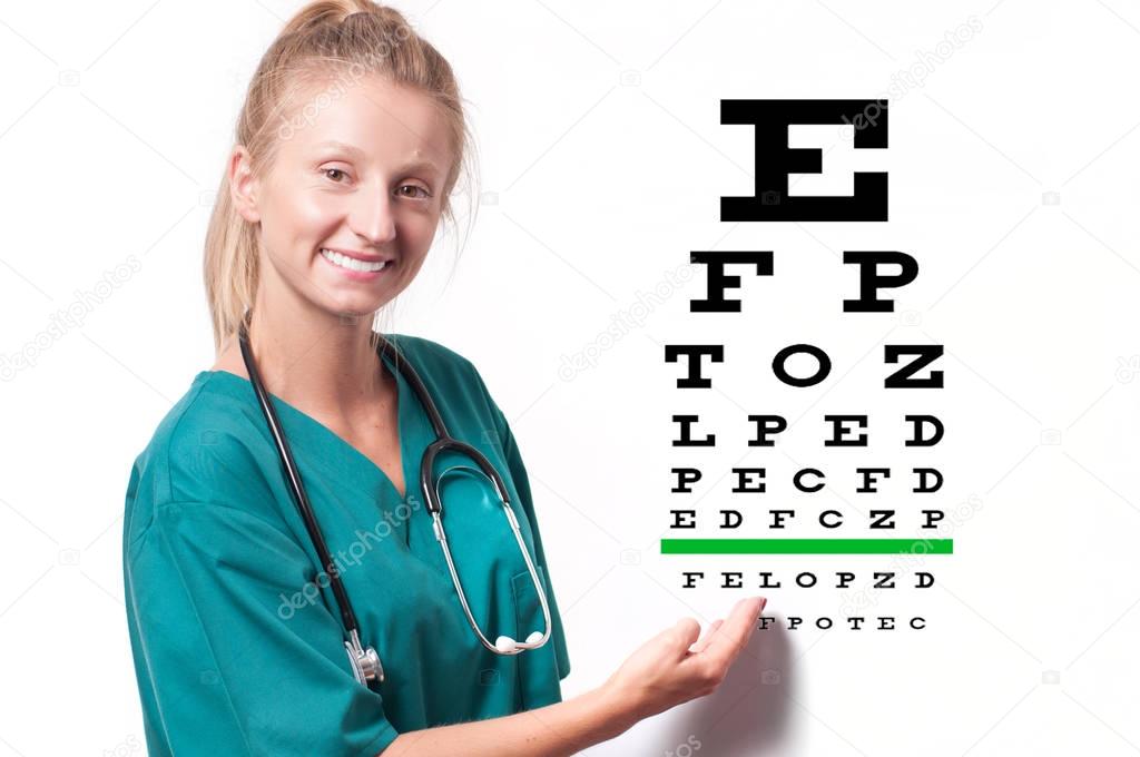 Young female doctor on eyesight test chart background.