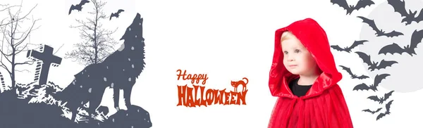 Halloween. Caperucita Roja. Hermosa niña en un impermeable rojo . — Foto de Stock