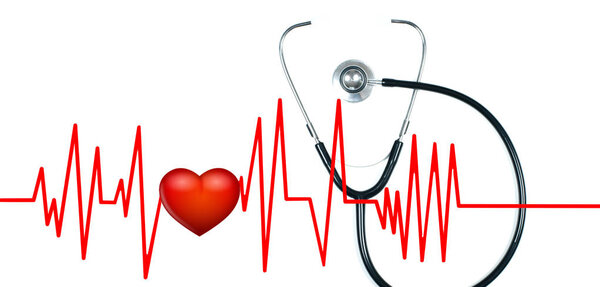 Medical stethoscope and red heart with cardiogram. Health Concepts