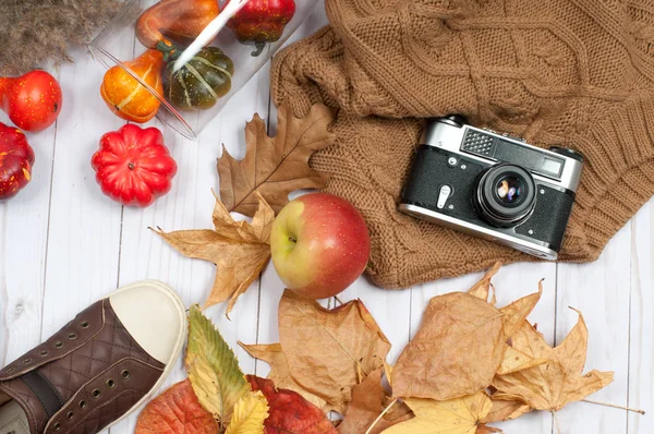 Accessori autunno per donne con foglie autunnali . — Foto Stock