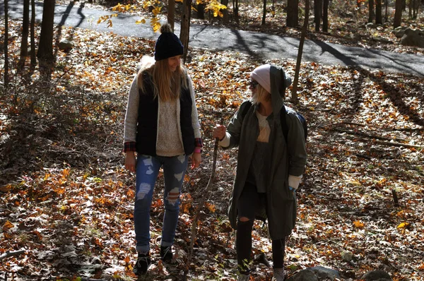 Meisjes lopen in herfst bos in de bergen. Wandelen en reizen — Stockfoto