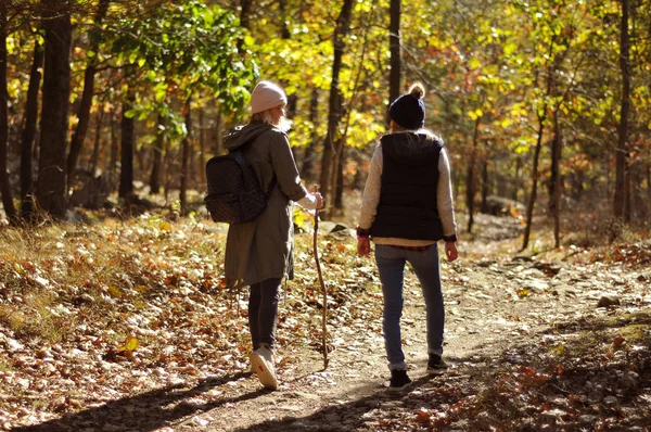 Девушки гуляют в осеннем лесу в горах. Туризм и путешествия — стоковое фото