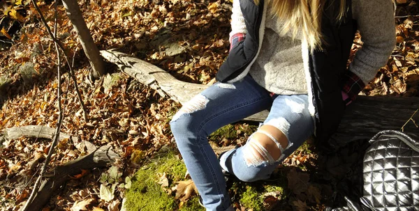 A menina está sentada na floresta de outono nas montanhas. Caminhadas e viagens — Fotografia de Stock