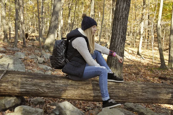 Девушка сидит в осеннем лесу в горах. Туризм и путешествия — стоковое фото